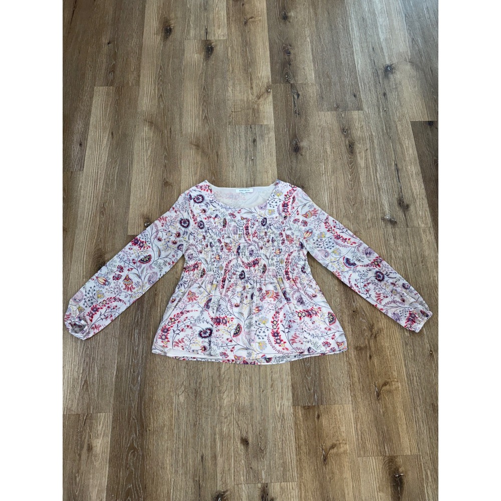 Rose + Olive Blouse Womens Large Cream Floral Smocked Peplum Long Sleeve Top